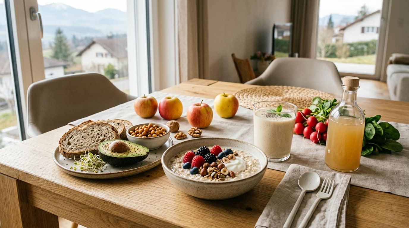 Aktuelle Ernährungstrends 2026 mit Protein-Shake, Beeren, Vollkornprodukten, Nüssen und frischen Lebensmitteln